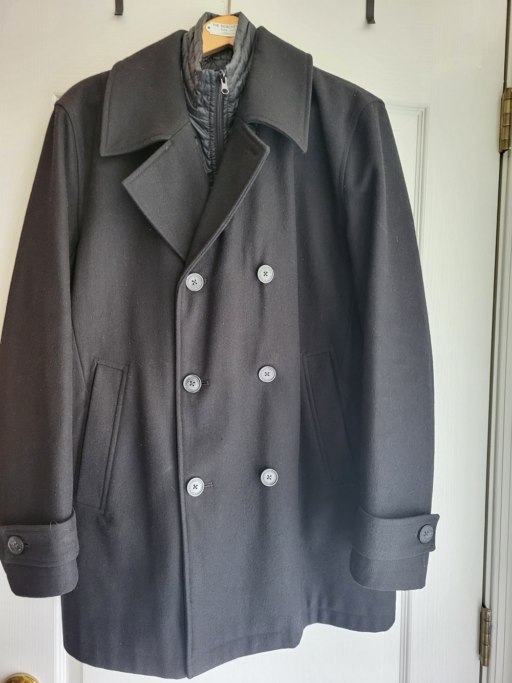 Andrew Marc Black Double-Breasted Wool Peacoat With Removable Bib